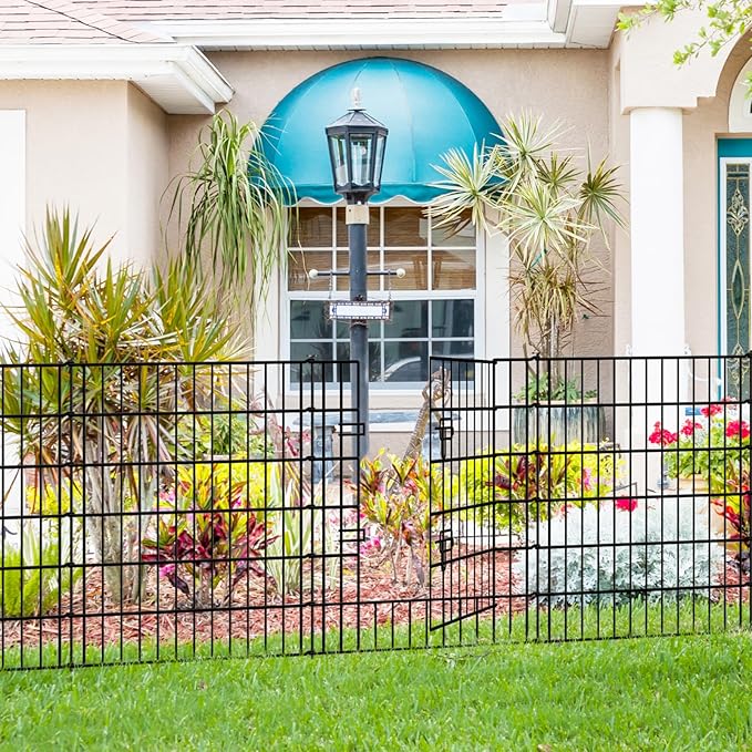 Metal Garden Fence 32 inch H x 28 inch W, 10 Panels (9 Panels + 1Gate), Total 23 ft, No Dig Fence Rustproof Animal Barrier Fencing for Dog, Rabbits, and Patio,Yard