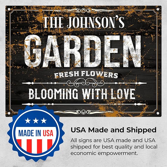 Custom Garden Blooming With Love Sign, Christmas Season, Personalized Name For Backyard/Flower Garden Décor Sign, 10x14 Inches, Rust Free .040 Aluminum, Fade Resistant, Made in USA by Sigo Signs