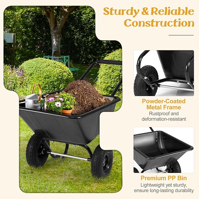 Goplus 2 Wheel Wheelbarrow, 330 LBS Utility Garden Cart with 10” Pneumatic Tires & Handle, 21 Gal Volume, Yard Dump Cart Wheel Barrow, Heavy Duty Wheel Barrow for Lawn (Black Handle+Black Cart)
