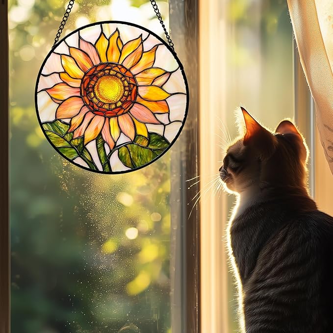 Stained Glass Window Hanging 4 Pcs Set Lily Rose Sunflower Poppy 7.8" - Flower Suncatcher Door Garden Sun Catcher Decor Birthday Mother's Day for Wife Woman Nana Girl