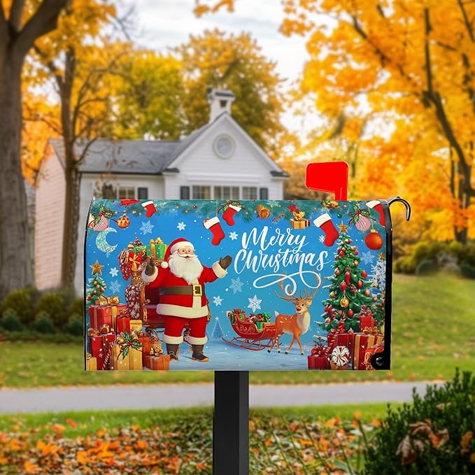 Merry Christmas Mailbox Covers Magnetic Father Christmas Mailbox Cover Santa Claus Mail Box Wraps Magnetic Standard Size 21x18 inch for Outside Garden Yard Xmas Tree