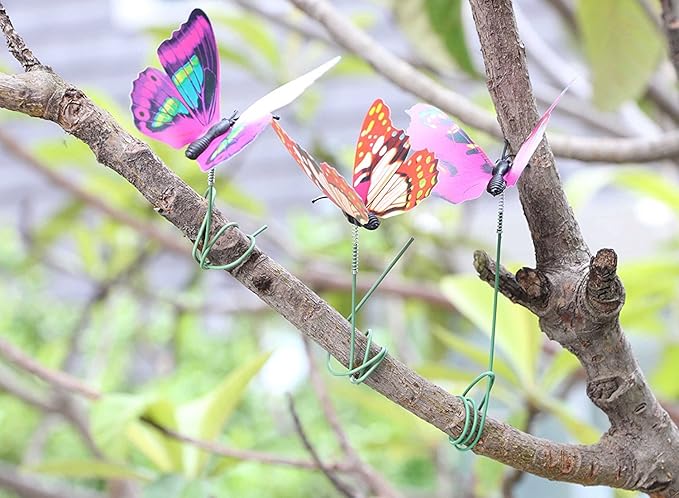 Butterfly Stakes Outdoor Yard Planter Flower Pot Bed Garden Decor Butterflies Christmas Decorations, Artificial Butterflies on Metal Wire Plant Stake Stems-Multicolor (2.8 Inch 100pcs)