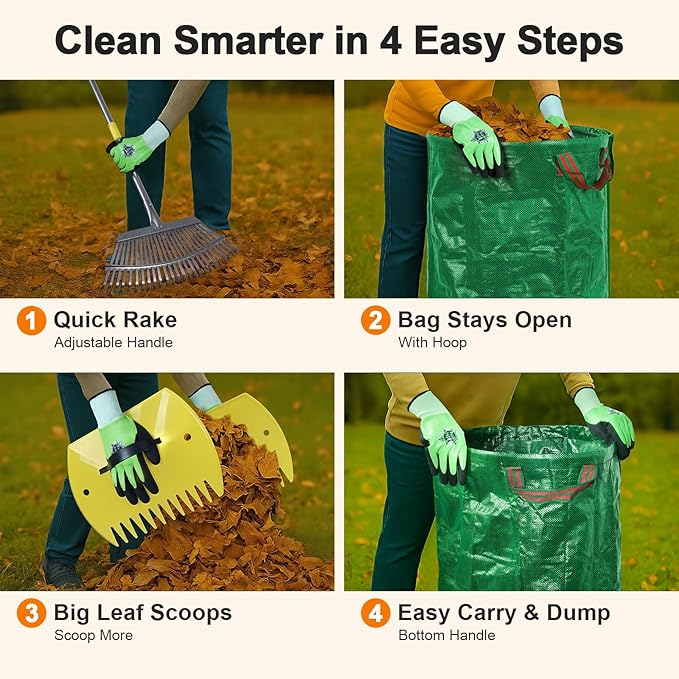 Leaf Cleanup Kit - Adjustable Metal Rake (36-73 in), 32-Gallon Self-Standing Yard/Garden Waste Bag with Support Hoop, Oversized Leaf Scoops (Leaf Claws) & 2 Pairs of Latex-Coated Gardening Gloves