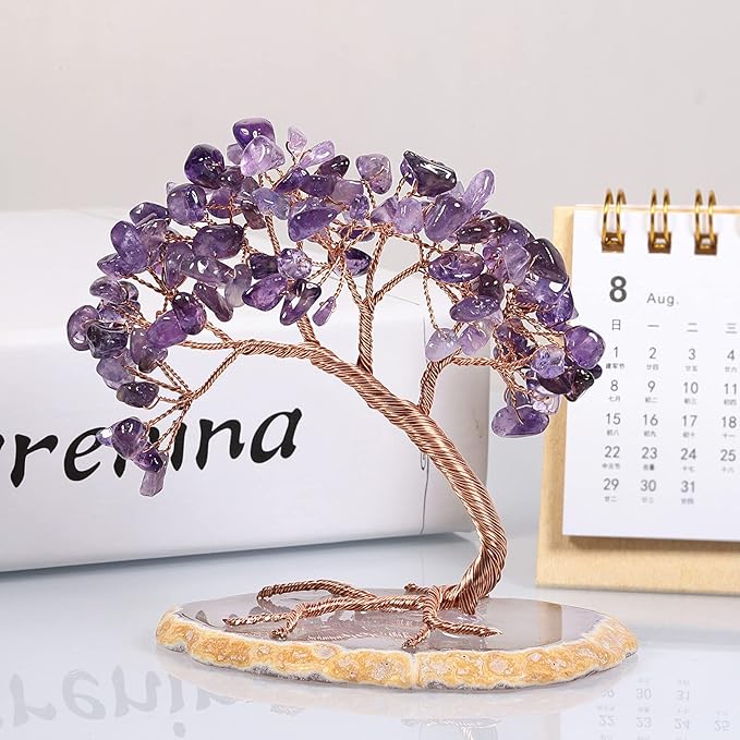 mookaitedecor Natural Amethyst Crystal Money Tree Agate Slice Base Feng Shui Bonsai Crystal Tree for Wealth Luck Desk Decor, 3-4 Inch High