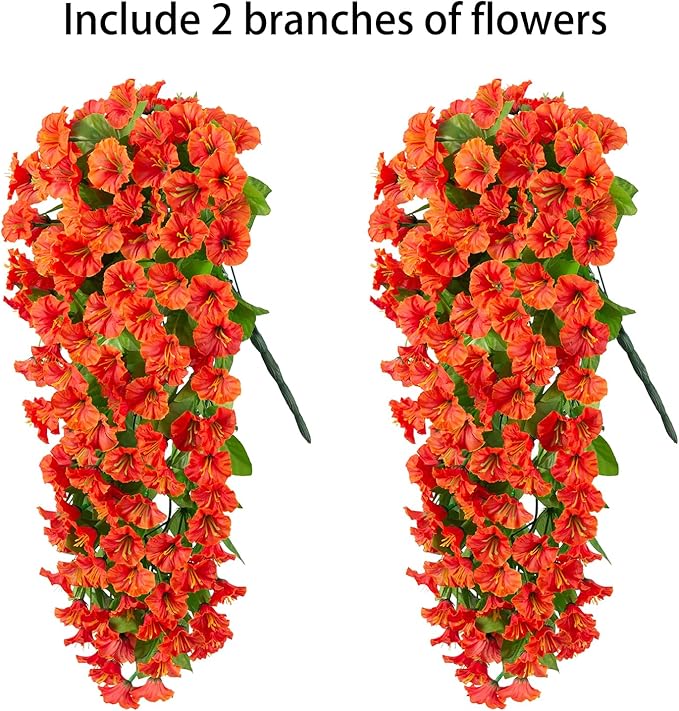 HyeFlora Artificial Fake Fall Hanging Flowers Plants for Outdoor Outside, 2PCS Faux Silk Orange Morning Glory Trailing Vines UV Resistant Look Real for Home Planter Porch Patio