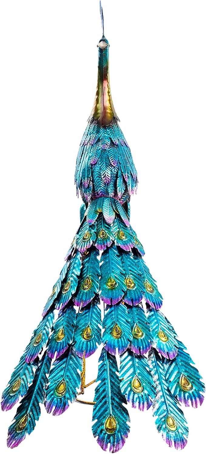 Alpine Corporation JUM207 Indoor Outdoor Metallic Peacock Standing Yard Statue Decoration, 37" Tall, Multicolor
