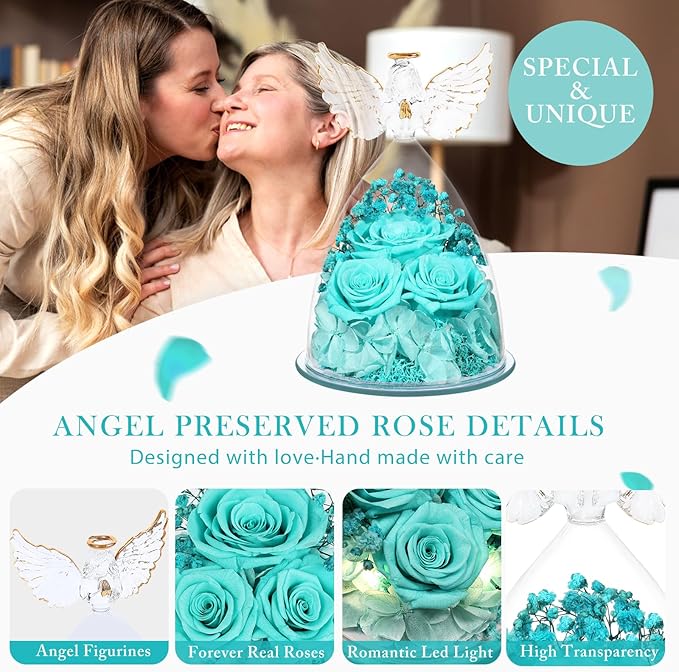 Preserved Flower Rose Gifts for Women, Forever Eternal Fresh Flowers in Glass Angel Figurines Flowers for Delivery Prime for Grandma Mom Sister Her Wife on Mothers Day Birthday Christmas Thanksgiving