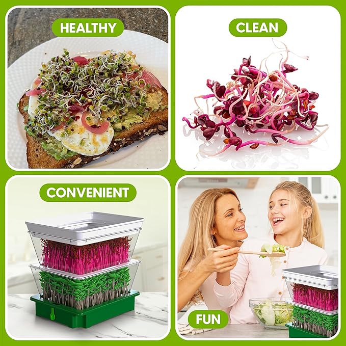ZESTIGREENS 2-Tier Sprouting Kit with Drain Spout – Stackable Seed Sprouter Trays for Growing Fresh Sprouts at Home – BPA-Free, Easy Rinse & Drain System