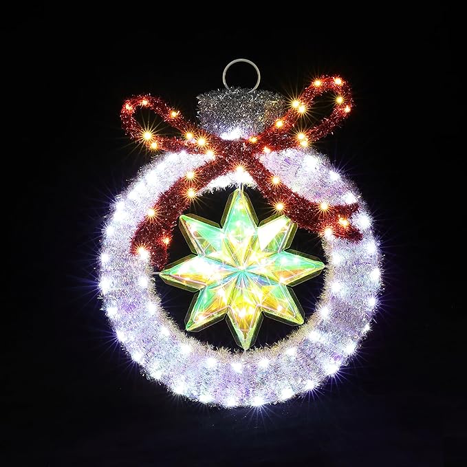 LuxenHome 2FT Lighted Ornament Christmas Outdoor Decorations, Large Light Up Christmas Ornament with Red Bow Yard Decorations Outdoor with 120 LED Lights, Lawn Decor for Xmas, Porch Display