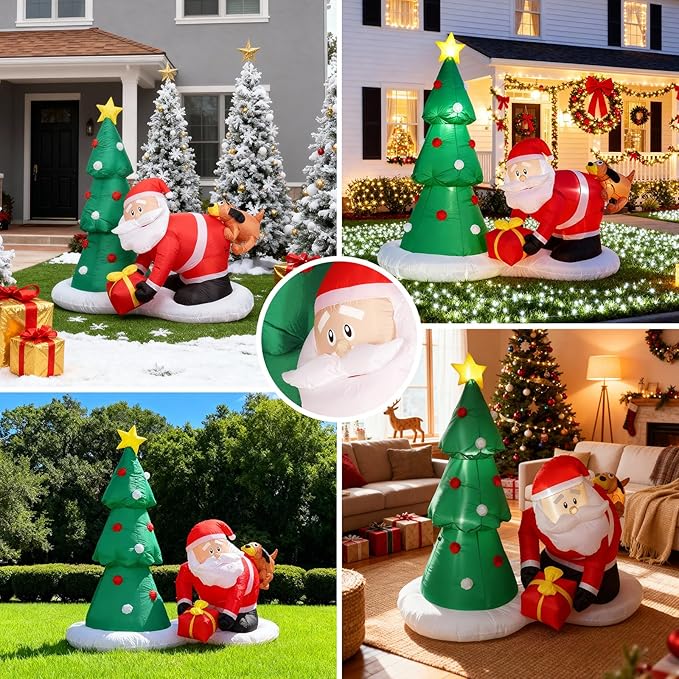 6ft Christmas Inflatables Tree, Blow Up Christmas Tree with Santa Claus, Dog, Boxes for Indoor Outdoor Yard Garden Christmas Decoration (Christmas Tree & Santa Claus,)