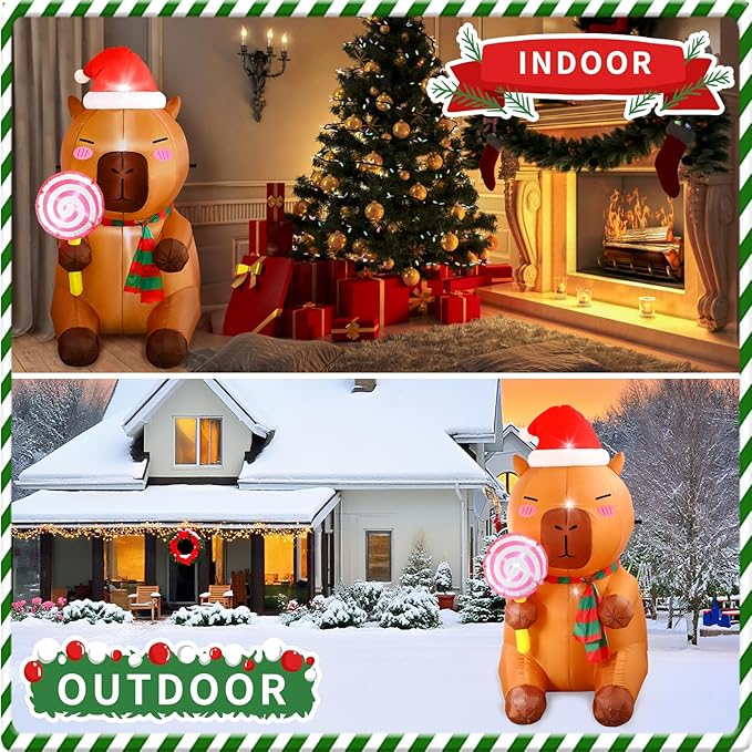 anroog Christmas Inflatable Outdoor Decorations Capybara Inflatables 4.92ft Christmas Blow Up Capybara Hold Lollipop Candy Yard Decor with Led Lights Xmas Holiday Garden Lawn Outside Decor