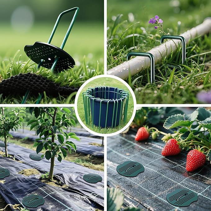 100pcs Green Landscape Stakes Staples 6 Inch +100pcs Gaskets+Hook Tool+Rubber Mallet, Heavy Duty Coated Landscape Staples, Galvanized Lawn Spikes Yard Ground Pin for Sod Artificial Grass Weed Barrier