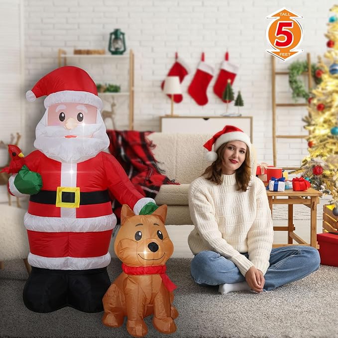 Christmas Inflatables Santa with Dog Cardinal Lighted Yard Lawn Inflatable Decoration with Built-in Fan and Stakes Ropes Holiday Party Decor, Christmas Decor (5FT-Santa with Dog & Cardinal)