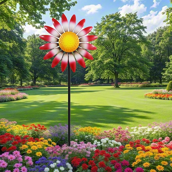 Decorative Metal Garden Daisy-Style Rotator, Decorative Garden Post, Daisy-Style Sculpture Courtyard. Outdoor Courtyard Art. (Red)