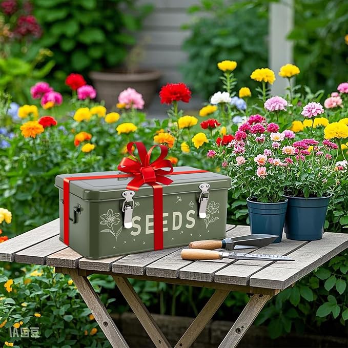 Seed Storage Organizer, Seed Saving Box with Lid, Metal Seed Bin Seed Packet Container with 50 Seed Envelopes 60 Transparent Bottles 1 Funnel 1 Marker Pen 4 Compartments Box with Locks, Green
