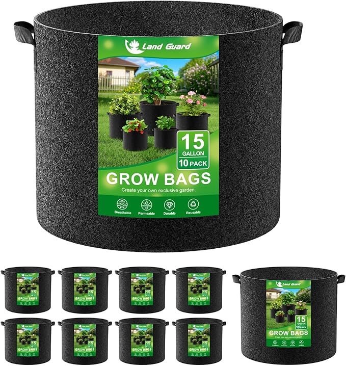 Land Guard 10-Pack Fabric Grow Bags 15 Gallon, Thickened Nonwoven Garden Pots, Growing Bags with Handles, Black