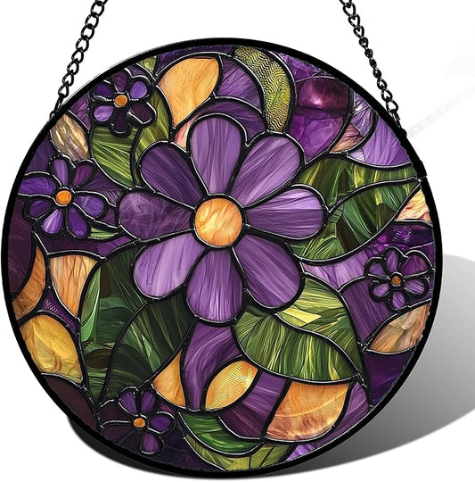 Stained Glass Window Hanging, Purple Green Flowers Sun Catcher for Door Home Decor Plants Suncatcher Christmas Mother's Day Birthday Gifts for Women Men Mom and Nana 15 in