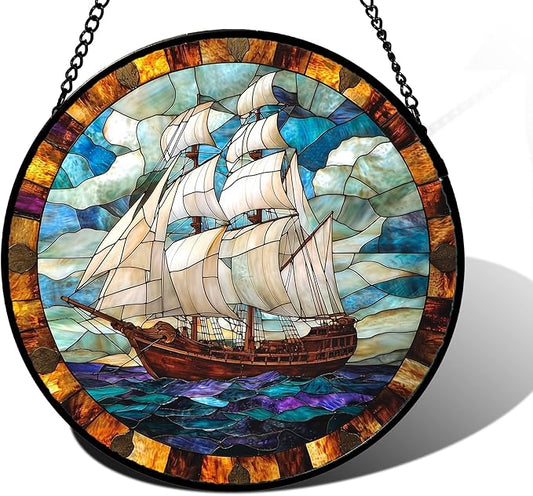 Stained Glass Window Hanging, Sailing Ocean Sun Catchers Glass Panel Navigation Suncatcher Decor for Birthday for Women, Men, Wife, Aunt, and Mom 11.8x11.8 in
