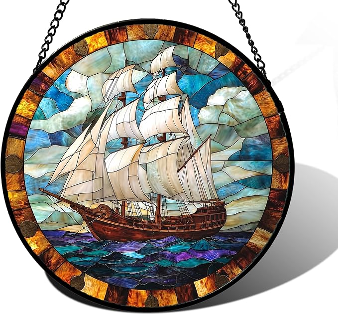 Stained Glass Window Hanging, Sailing Ocean Sun Catchers Glass Panel Navigation Suncatcher Decor for Birthday for Women, Men, Wife, Aunt, and Mom 9.8 in