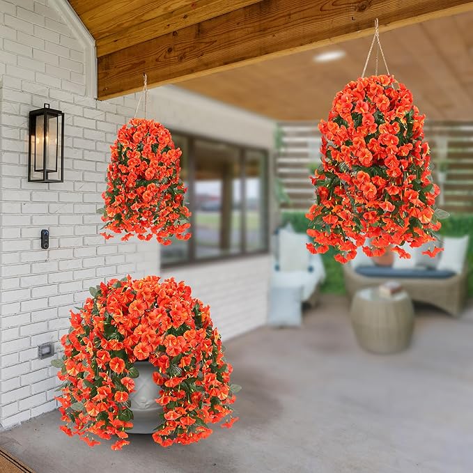 Sggvecsy Artificial Fake Hanging Flowers Plants for Outdoor Outside Spring Summer Decoration 4PCS Faux Silk UV Resistant Realistic Morning Glory Trailing Vines for Home Porch Patio Balcony(Orange)