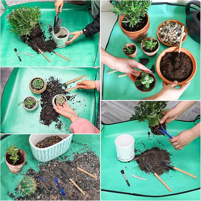 2Pcs Repotting Mat - Large 39'' & Small 26'' Foldable Waterproof Plant Gardening Mat with Accessories, Portable Potting Tray for House Plants & Succulents