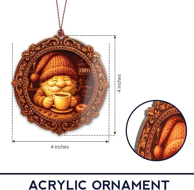 Coffee Ornament – Gnome Decor – Barista Gift – Coffee Lover Christmas Ornament – Holiday Card – Suncatcher Effect Stained Glass Window Hanging – Car Hanging