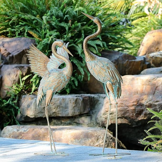 TERESA'S COLLECTIONS Garden Decor, Set of 2 Cranes Garden Decor, 33-39", Elegant Cranes with Golden Painting, Waterproof Metal Garden Statue, Herons Gifts Birthday Gifts for Women Mom