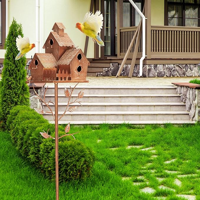 75" Large Copper Colored Multi-Birdhouse Stakes - Metal Bird Houses Stake with Pole for 4 Bird Families in Each for Outdoor Patio Yard Garden Decoration