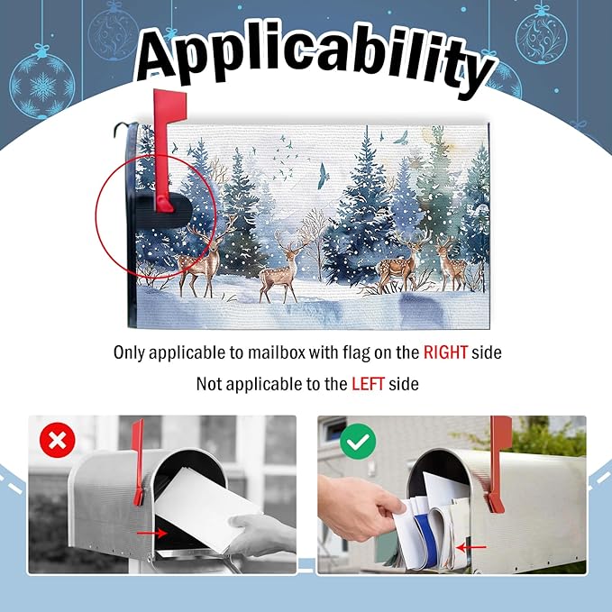 Winter Reindeer Mailbox Cover Magnetic Standard Size 20.5" x 18", Snowy Pine Tree Forest Birds Decorative Post Letter Box Wrap Decor, Christmas Seasonal Garden Yard Outdoor Decoration