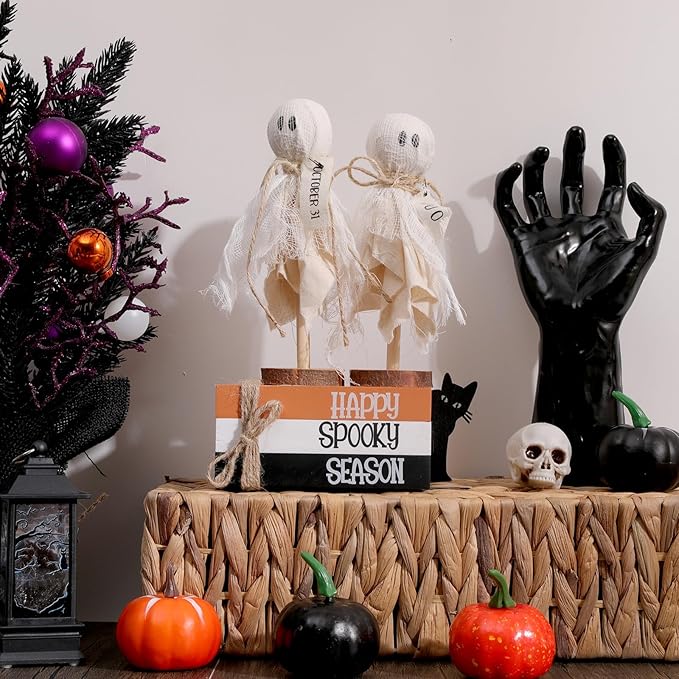 Halloween Decorations Indoor, 1 Set of Happy Spooky Season Wood Faux Books Stack,2 Primitive Halloween Ghosts on Wood Stand & 1 Black Cat Centerpiece for Tiered Tray Table Shelf Decor
