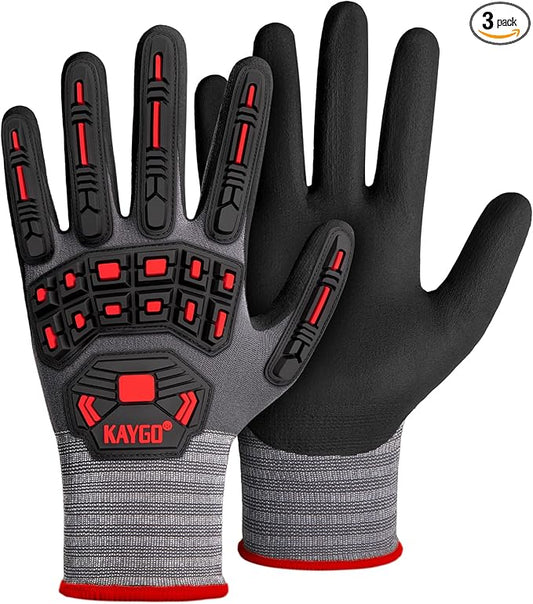 KAYGO Impact Reducing Work Gloves for Men,3 Pairs KG18N TPR Safety Work Gloves MicroFoam Nitrile Coated, Seamless Knit Nylon, Ideal for General Purpose,S
