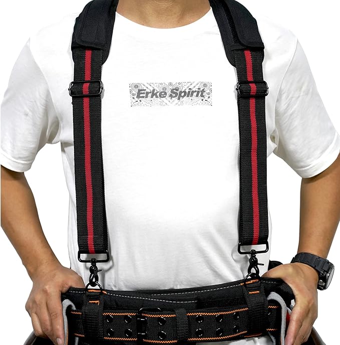 MELOTOUGHTool Belt Suspenders Tool Harness for Heavy Duty Work Movable shoulder Pads, Quick lobster clasp Tool Belt (Red Strip)