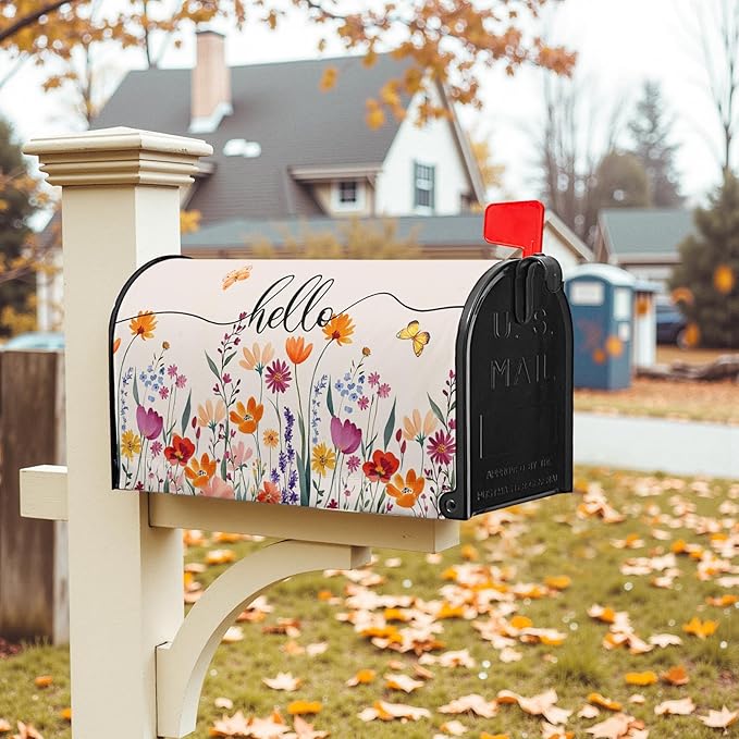 Hello Floral Mailbox Cover Summer Orange Flower Mailbox Covers Magnetic 25.5x21 inch Fall Watercolor Flowers Post Letter Box Cover Home Decor Outdoor Yard Decoration for Garden