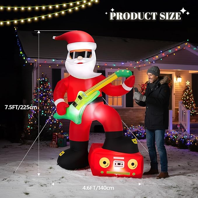VINGLI 7.5ft Black Musical Santa Inflatable, Christmas Inflatable Santa Claus Playing Guitar, Gaint Blow up Outdoor Decoration with LED Lights for Lawn, Garden, Xmas Holiday Decor