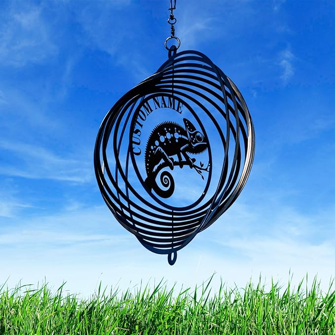 Personalized Wind Spinners Outdoor Chameleon, Custom Name Garden Wind Spinners, Hanging Outdoor Decor, Yard Art, Metal Hanging Wind Spinner for Indoor Lawn Patio Porch, Customized Gifts Color07