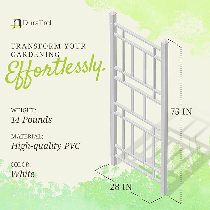 Dura-Trel Wellington 28 by 75 Inch Indoor Outdoor Garden Trellis w/Ground Anchors, Plant Support for Vines, Climbing Plants, & Vegetables, White
