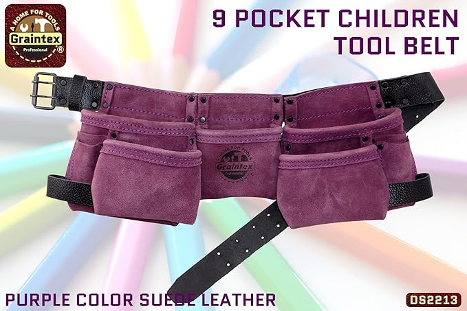 Graintex DS2213 :: 9 Pocket Children Tool Belt Purple Color Suede Leather, Kids Real Tool Belt, Boys and Girls Tool Apron for Home Improvement, 1.1/2" Leather Belt, Hammer Loops