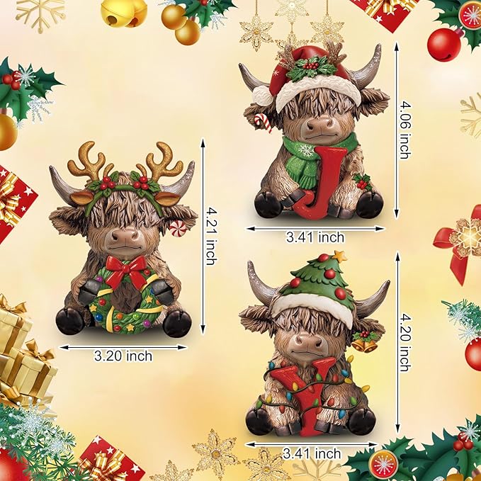 Karenhi 3 Pcs Joy Christmas Highland Cow Figurines Xmas Highland Cow Gnomes Herd Scottish Resin Statue Calf Lovers Gifts for Home Garden Kitchen Office Tiered Tray Table Decor