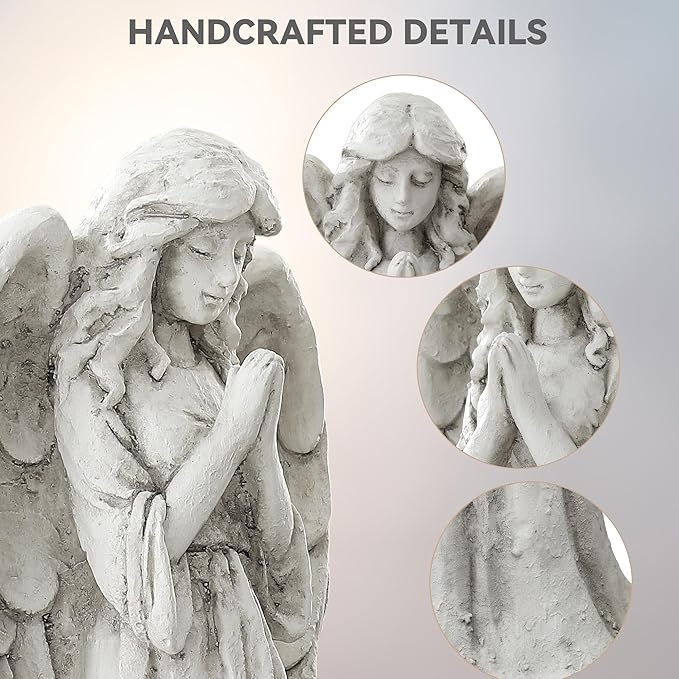 Praying Angel Statue for Outdoor Garden, 31 Inch Large Heavenly Memorial Sculpture,Durable MGO Stone Standing Angels for Yard, Patio or Cemetery Decor,Offering Comfort & Peace, Antique White