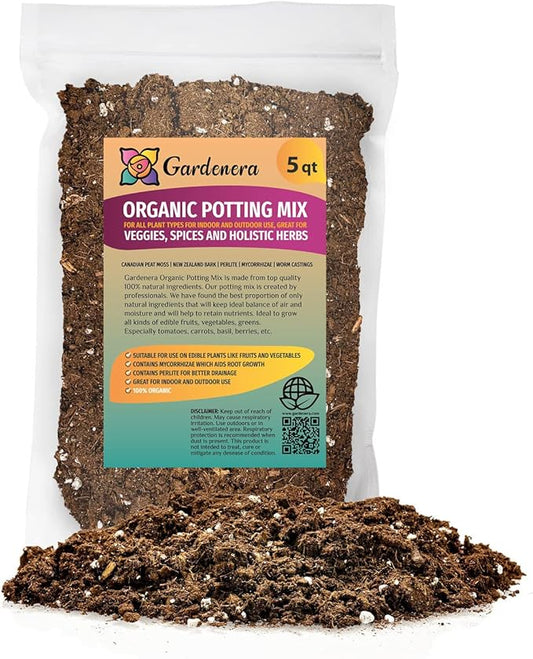 GARDENERA Organic Potting Mix for All Plant Types for Indoor and Outdoor Use, Great for Veggies, Spices, and Holistic Herbs - (5 Quart Bag)