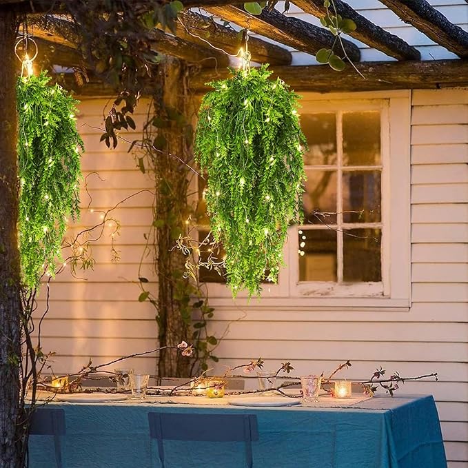 RECUTMS Large Hanging Ferns Artificial Plants Fake for Outdoors Vines with Lights Lavender Flowers Realistic (Green)