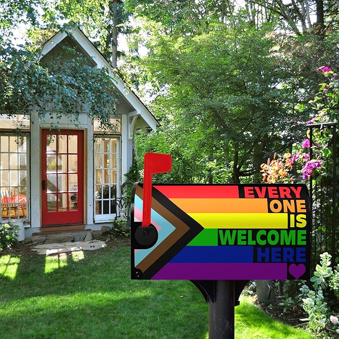 Pride Mailbox Cover Large Size Rainbow Gay Lesbian Transgender Bisexual LGBTQ Magnetic Mailbox Wrap Every One Is Welcome Here Post Letter Mail Box Covers Outdoor Decor Oversized 25.5 X 21 Inch