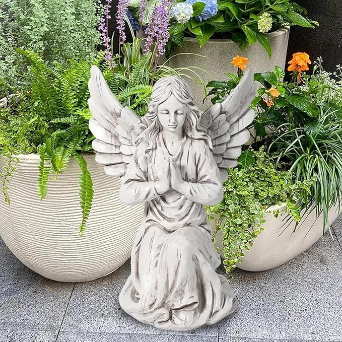 Praying Angel Garden Statue – Outdoor Kneeling Angel Figurine for Yard, Patio, Memorial Decor, Resin Sculpture, Housewarming Ornament Present