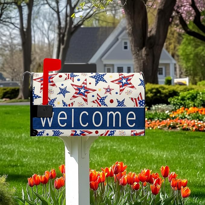 Welcome Star Mailbox Magnetic Covers 4th of July Mailbox Cover Patriotic Post Letter Box Cover Wrap Fourth of July Mail Box Decorations for Outside Garden Standard Size 21x18 in