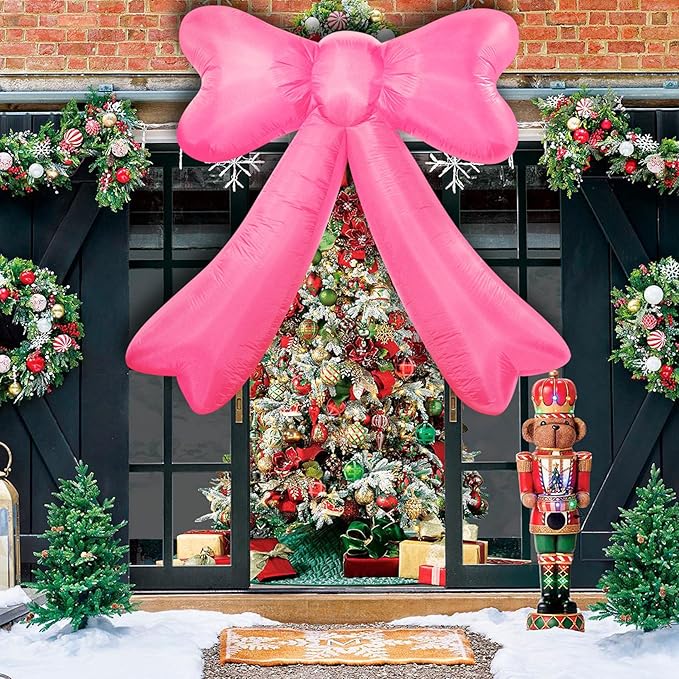 Christmas Inflatables Bow Lighted Yard Lawn Inflatable Decoration with Built-in Fan and Stakes Ropes Holiday Party Decor, Christmas Decor (7FT-Pink Bow)