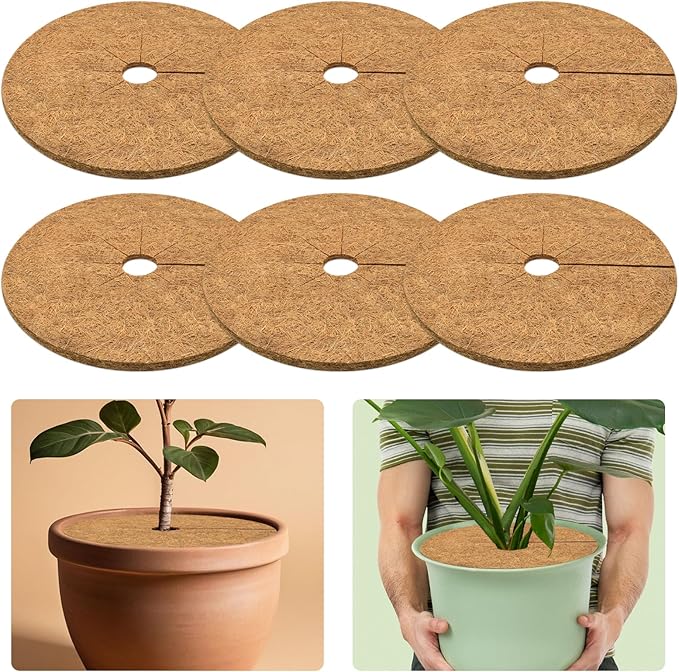 ZeeDix 6 Pack Coconut Fiber Mulch Ring, 18 Inch Coco Coir Tree Ring Mulch Mat, 100% Natural Tree Protector Mat Plant Cover Ring Coconut Coir Discs Tree Mats Mulch Rings for Indoor Outdoor Trees Plants