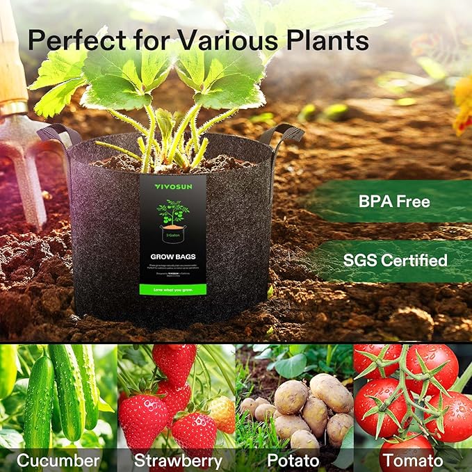 VIVOSUN 10-Pack 3 Gallon Grow Bags, Reinforced Planter Fabric Pots for Gardening Black