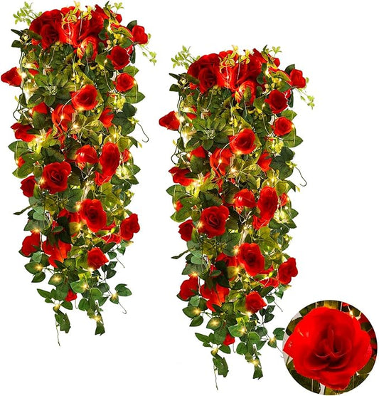 RECUTMS Hanging Flowers Artificial Hanging Rose Flower 2PCS 3.3Ft for Outdoors with 30 LED Fairy String Lights for Indoor Wall Wedding (Red)