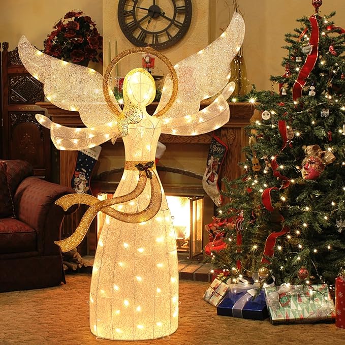 5.6FT Lighted Christmas Angel Outdoor Pre-lit 3D Glittered Angel Lighted Up Standing Ornament Outdoor Indoor Christmas Decoration for Home Lawn Yard Garden Display