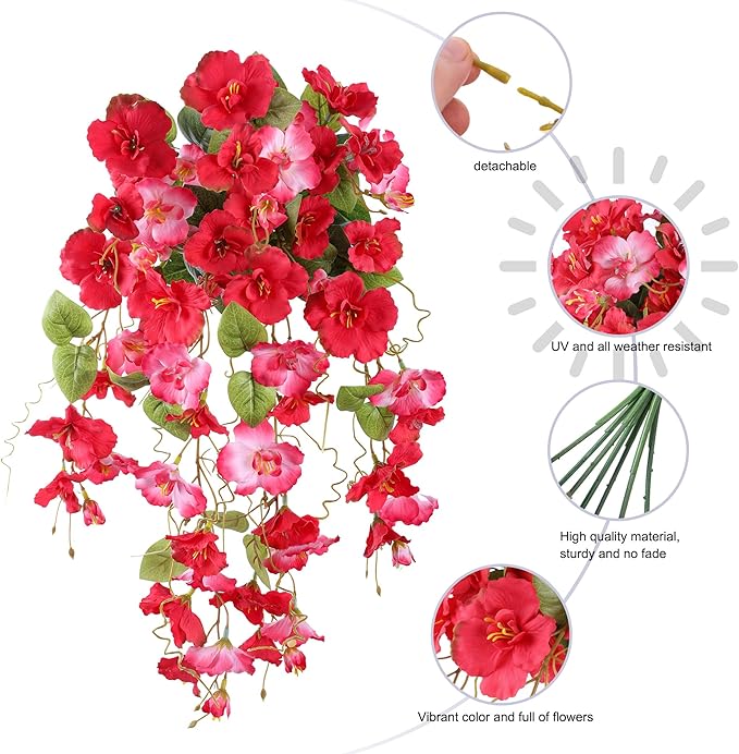 Artificial Hibiscus Fake Hanging Flowers Plants for Outdoors Spring Decoration, 2pcs Faux Silk Outside Hibiscus Long Trailing Vines Realistic UV Resistant for Front Door Planter Porch Patio Yard Urn